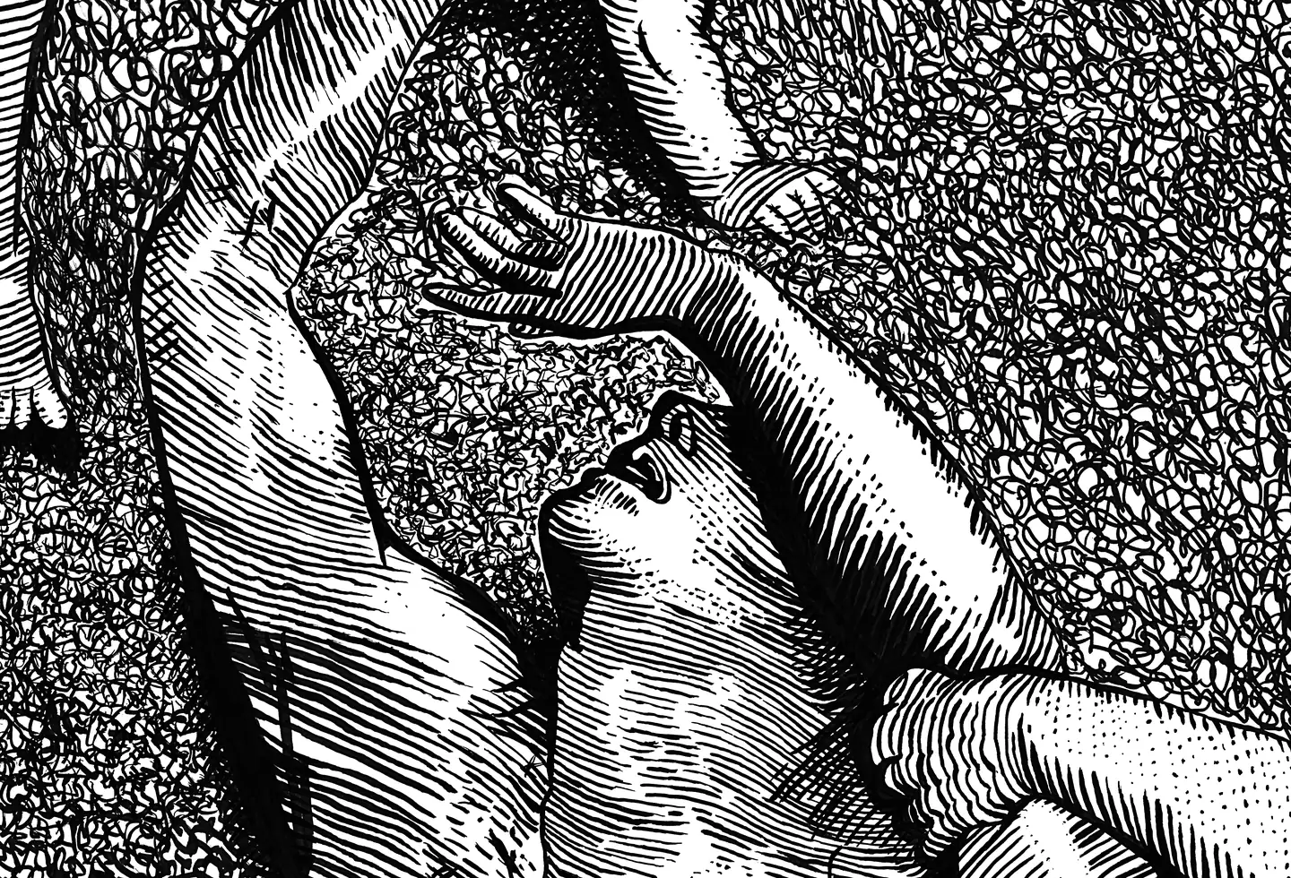 Ink drawing after Gustave Doré's The Deluge: an upturned face and a reaching hand among bodies tangled on the ground