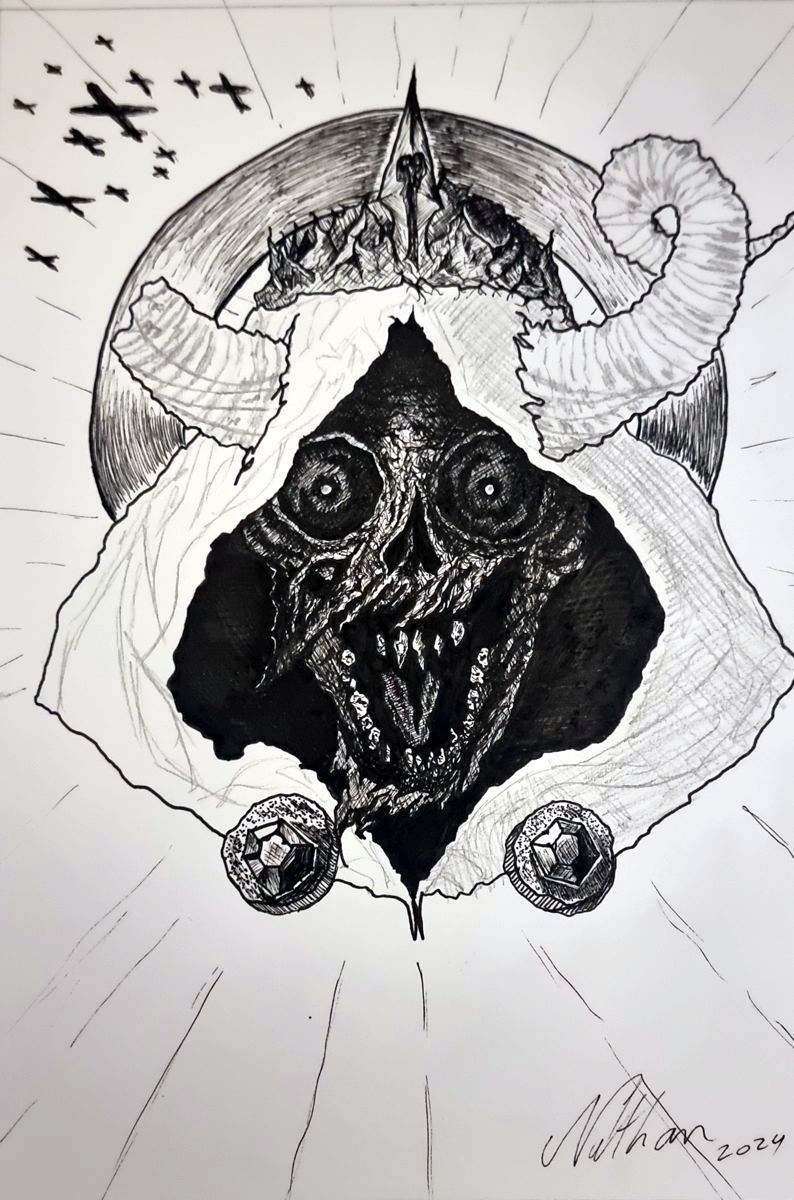 Ink drawing: a horned, hooded creature grinning under a flock of birds