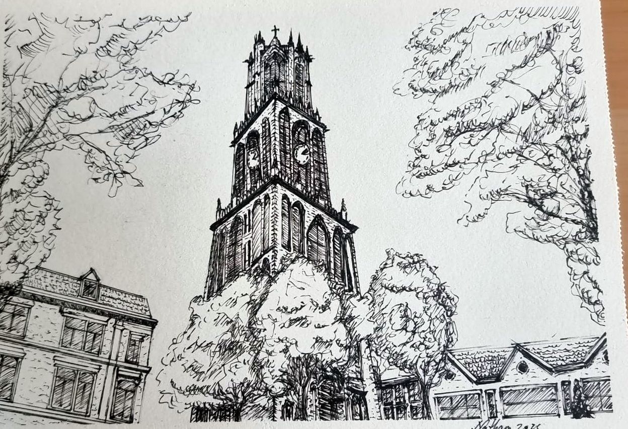 Ink drawing: the Dom tower in Utrecht between trees and houses