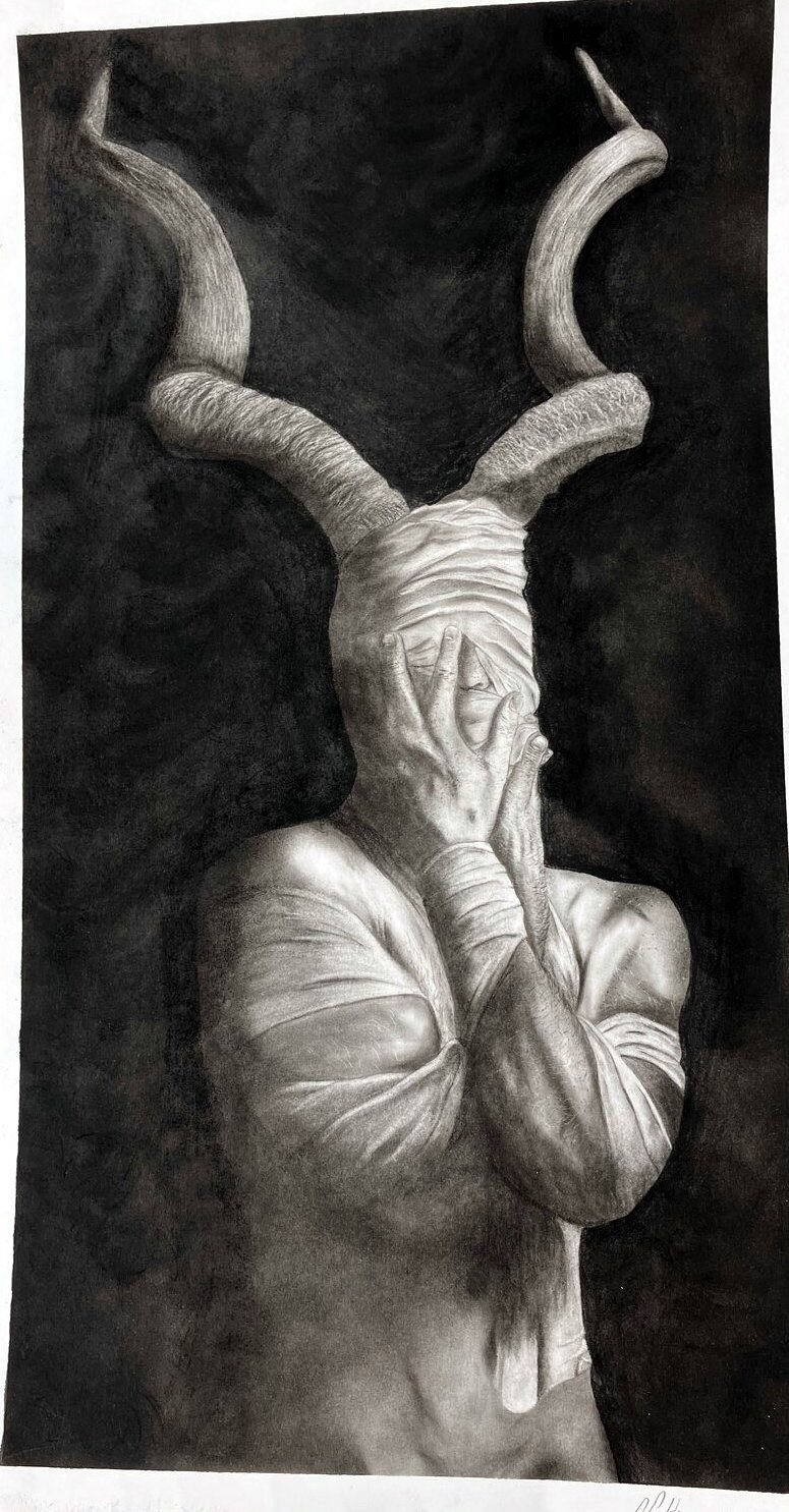 Charcoal drawing: a horned figure with bandaged head and hands covering its face