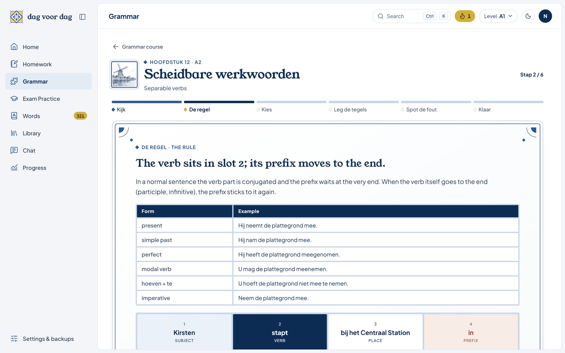 A grammar lesson's rule step: separable verbs explained with a table and a row of word tiles