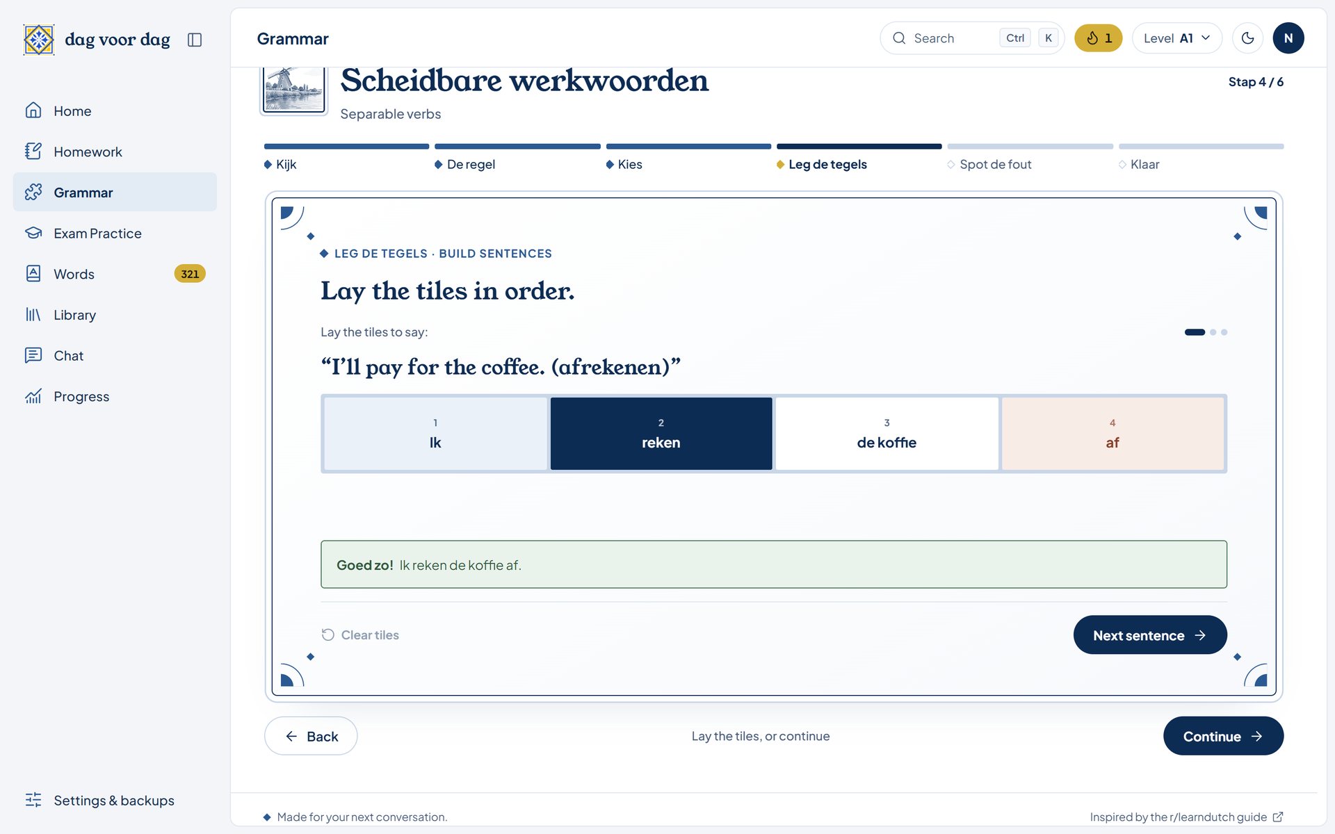 Grammar exercise: building a Dutch sentence from word tiles placed in numbered slots