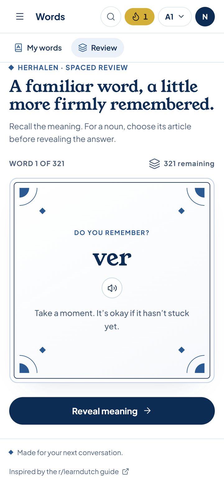 Dag voor Dag on a phone: a review flashcard