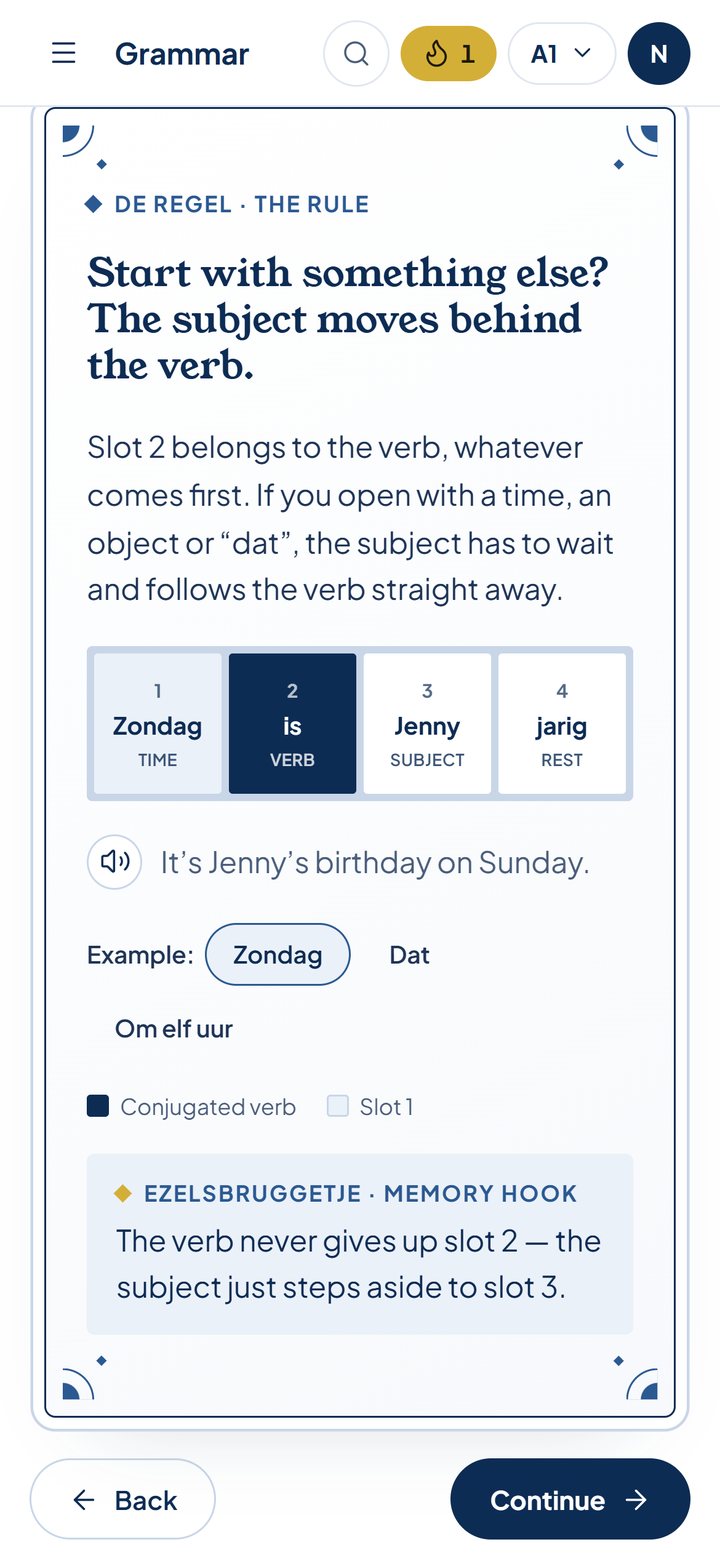 Dag voor Dag on a phone: a grammar rule with word tiles