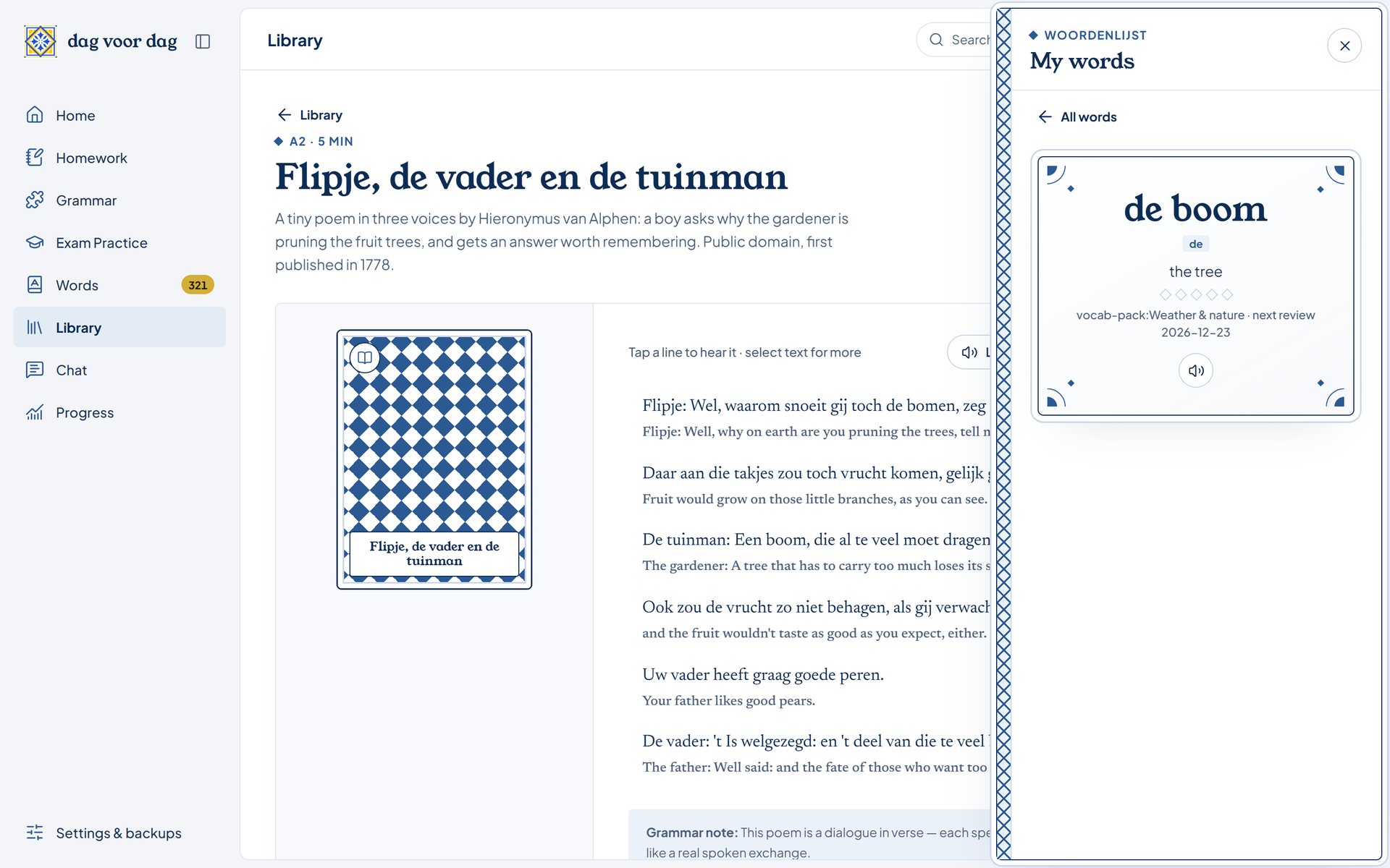 The library reader: a Dutch story with a My words glossary drawer open on the right