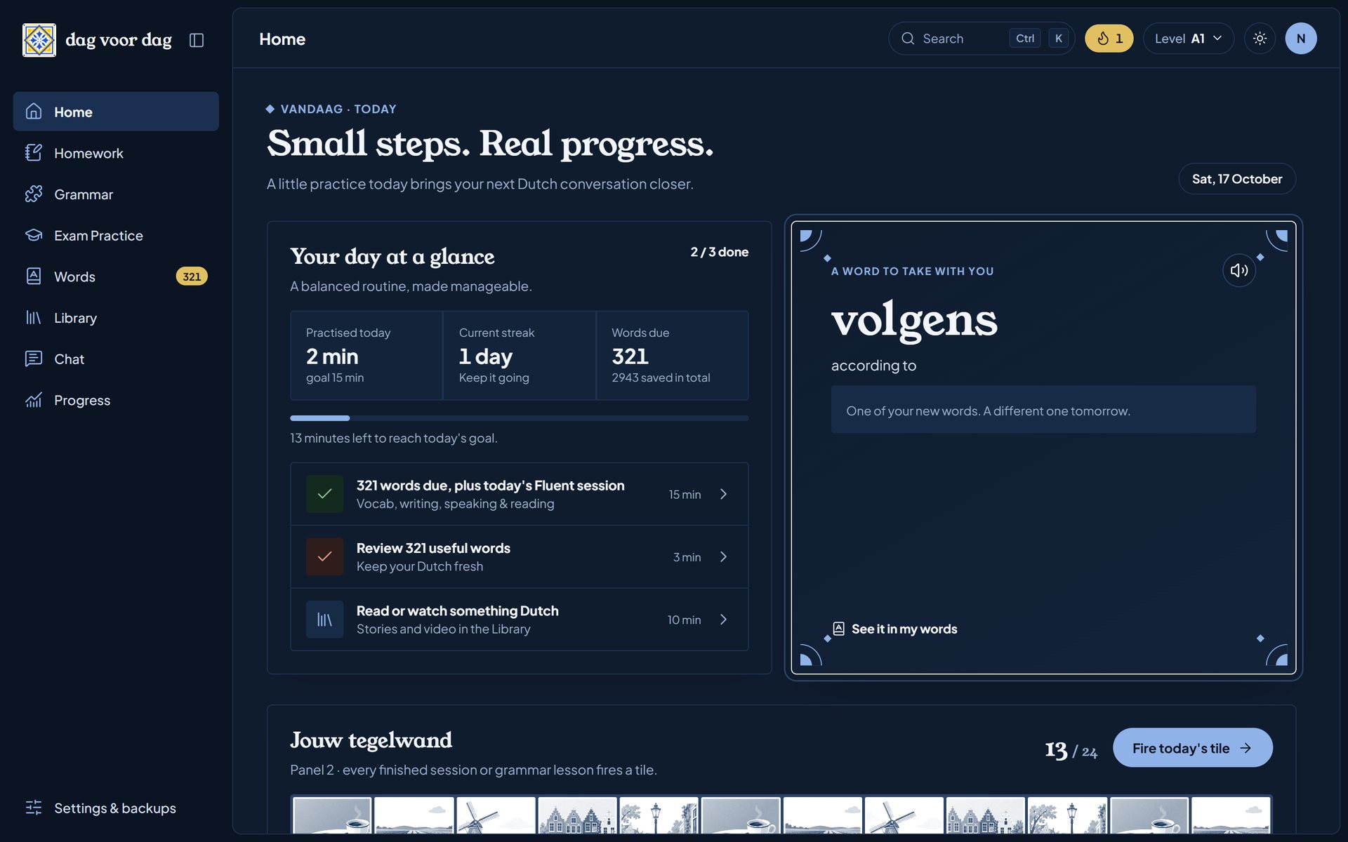 The Today dashboard in the dark theme, with the same Delft tile motifs in deep blue