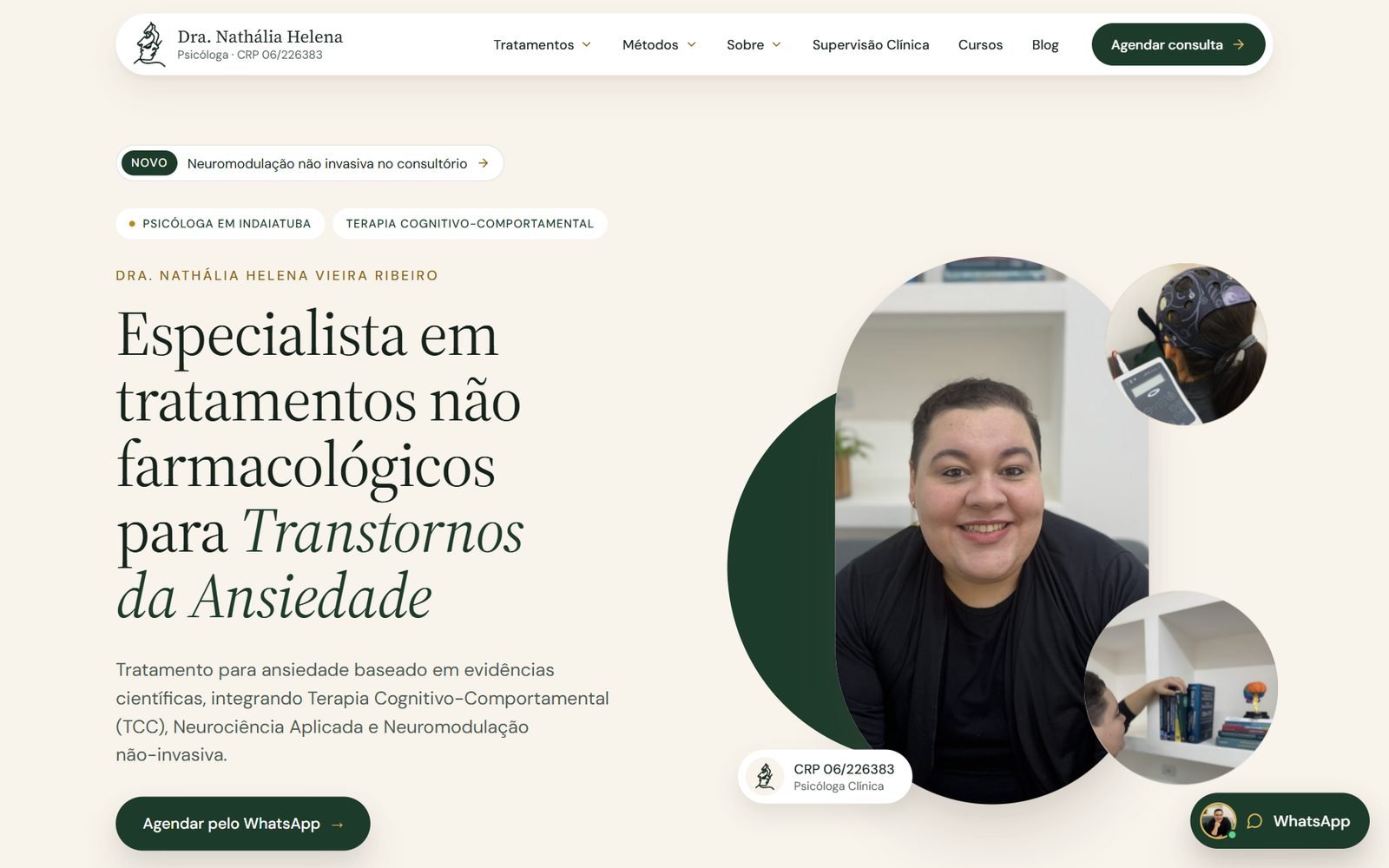Home page of dranathaliahelena.com: Dra. Nathália Helena's portrait in a round frame beside the headline about non-pharmacological treatment for anxiety