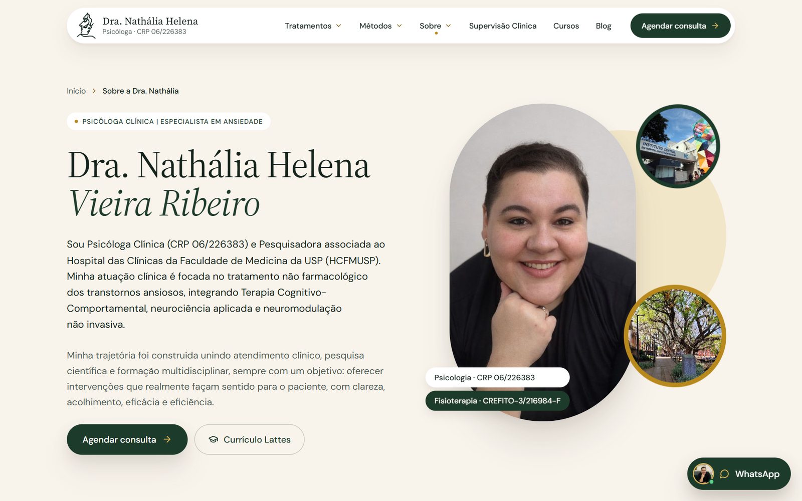 The about page: Dra. Nathália Helena Vieira Ribeiro with her credentials and portrait