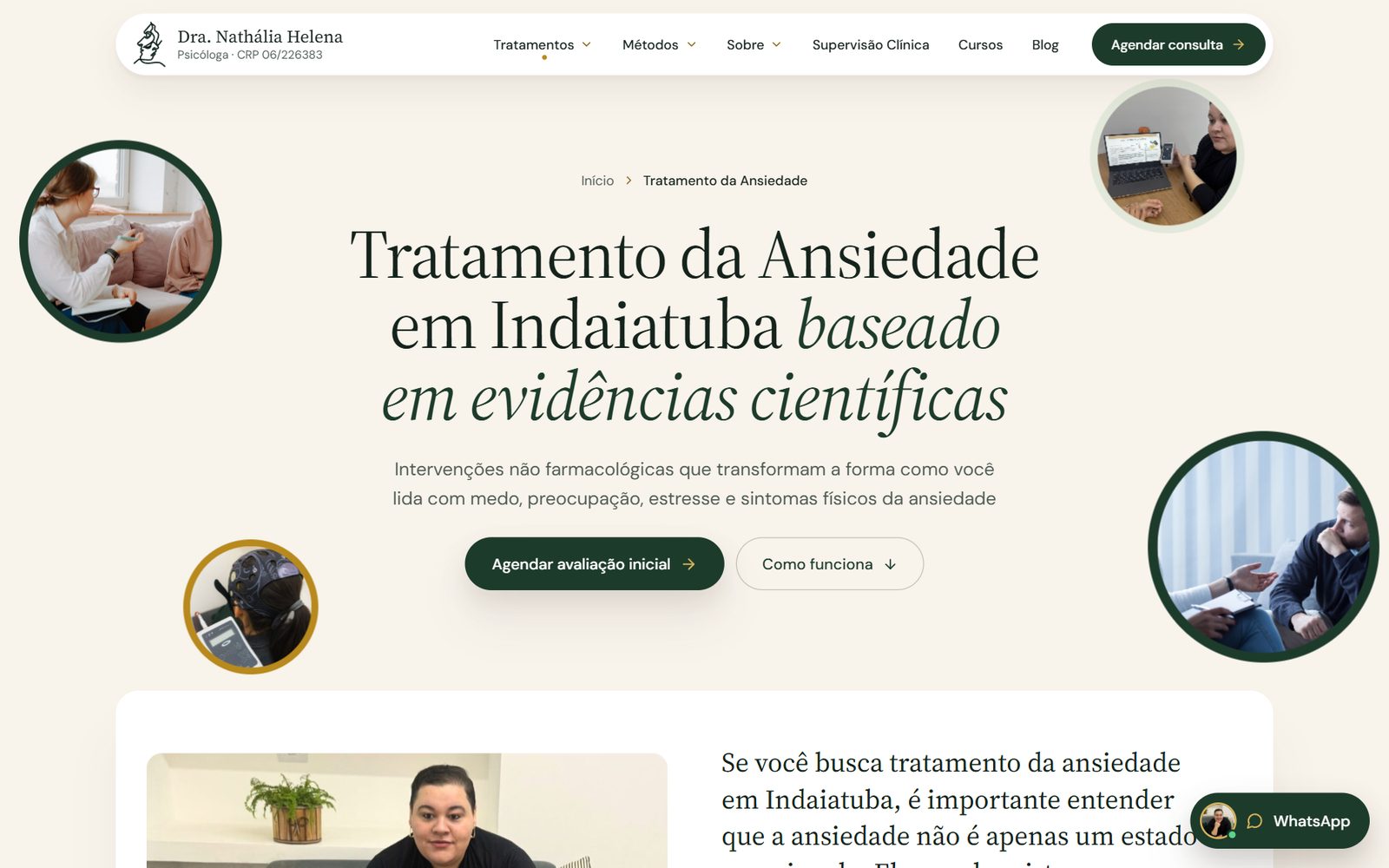 The anxiety treatment page: headline about evidence-based anxiety treatment in Indaiatuba, with photos in round frames