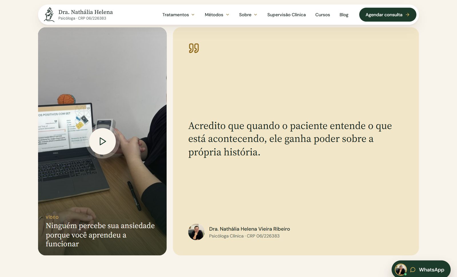 A portrait video beside a quote from Dra. Nathália
