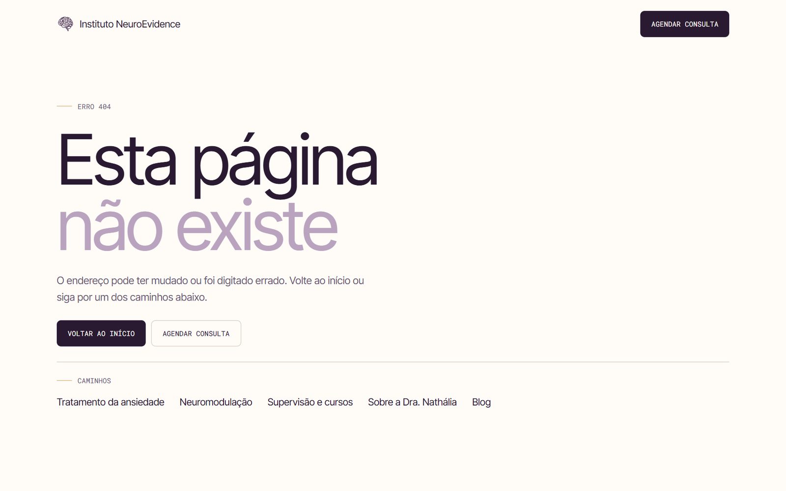 The 404 page in the institute style: Esta página não existe with links to the main pages