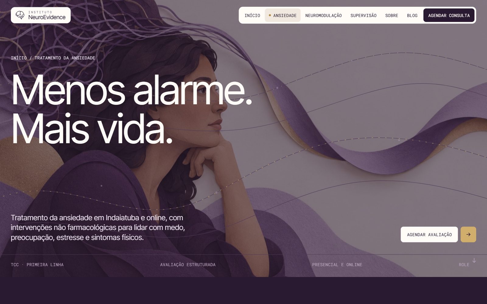 The anxiety page with a lilac illustration and the headline Menos alarme. Mais vida.